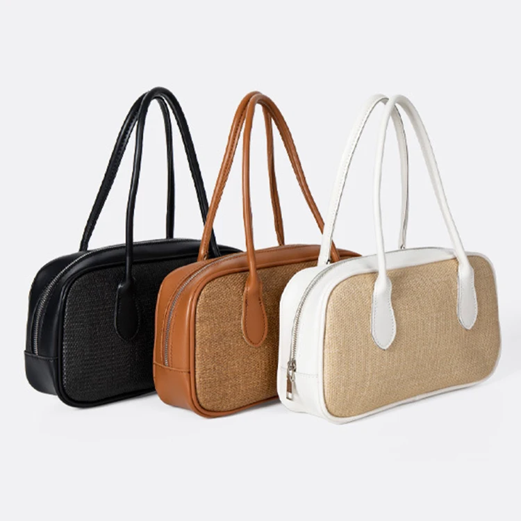 

EM1046 2022 New Fashionable Pu Leather Stitching Women's Retro Straw Handbags Custom Women Shoulder Bag