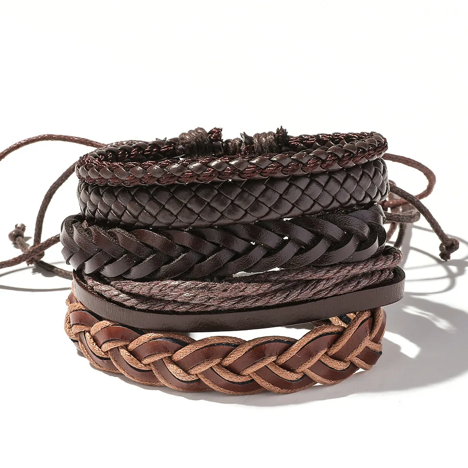 

Friendship Braided Black cowhide men leather bracelet vintage retro man bracelet set leather, Brown,black