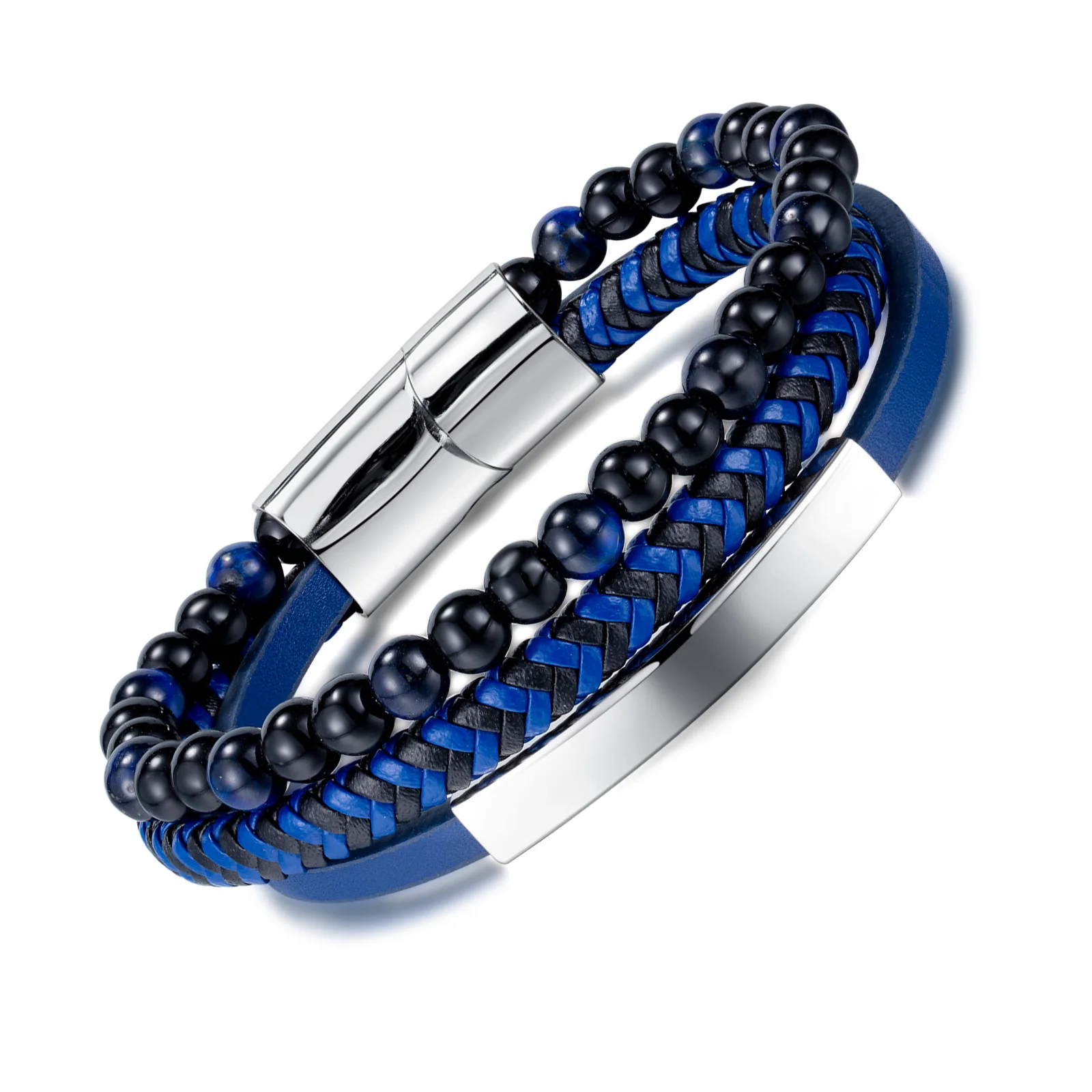 

New men's street jewelry personality hip-hop blue weave black glass stone magnetic stainless steel leather bracelet for men