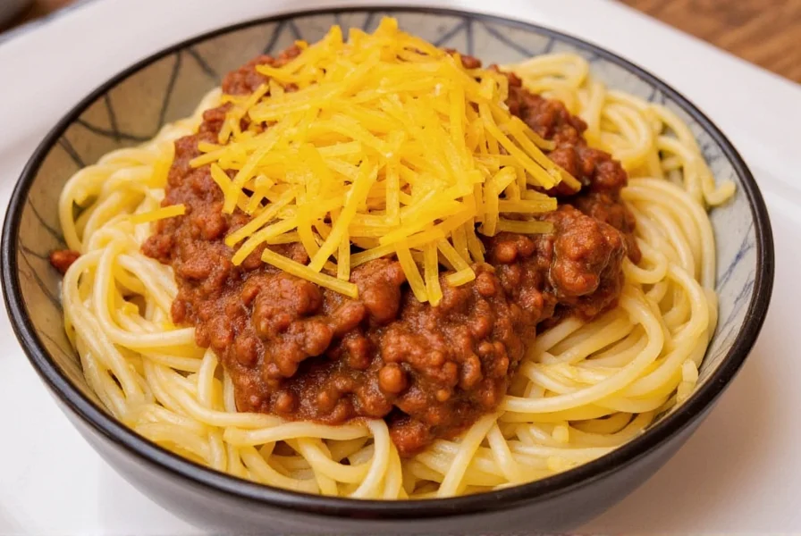 Skyline chili served over spaghetti with melted cheddar cheese in a traditional bowl