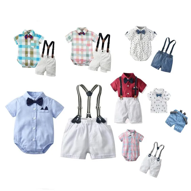 

Fashion Baby Boy Gentleman Clothing Set Short Sleeve Striped Romper Shirt with Bowtie+Shorts 2Pcs Infant Formal Suit, As the picture show