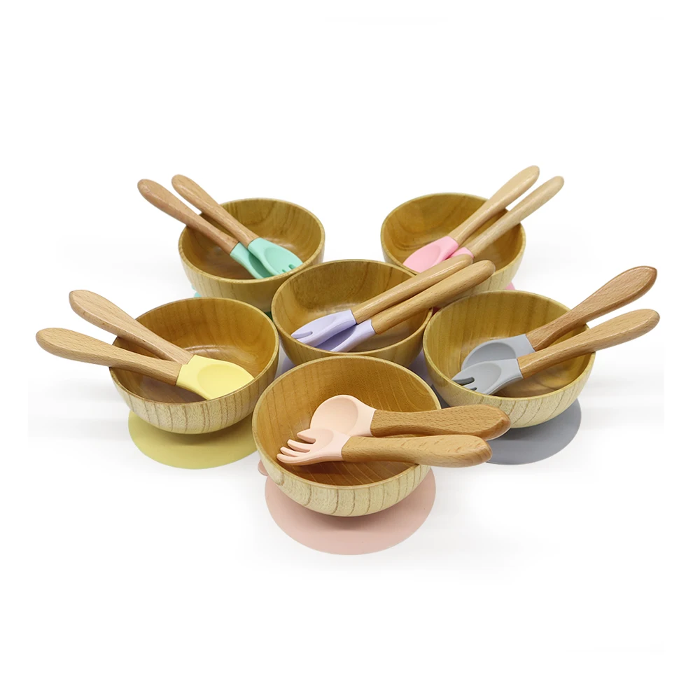 

Wholesale Food Grade Handmade Baby Wood Food Silicone Bowl With Spoon, 4 colors