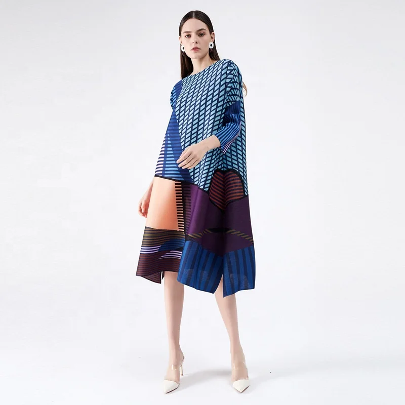

plus size women clothing Amazon eaby casual fold round neck geometric digital printing new female long-sleeved dress