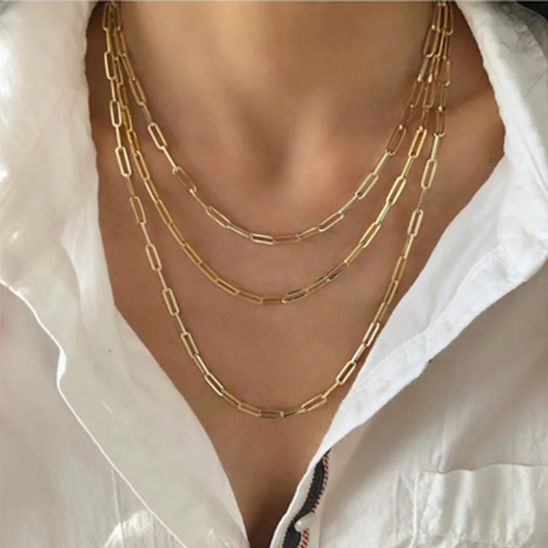 

2021 Custom Women 14K Gold Filled Paper Clip Chain Necklace Stainless Steel Rectangle Long Link Paperclip Choker Necklace