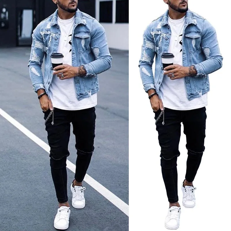 

Broken denim jacket men's Spring and Autumn New Korean style loose handsome denim jacket for youth, Black, light gray, dark blue