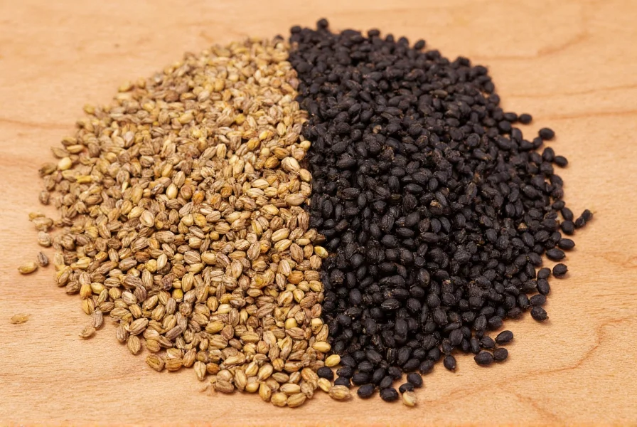Close-up comparison of cumin seeds and black seeds side by side on wooden background