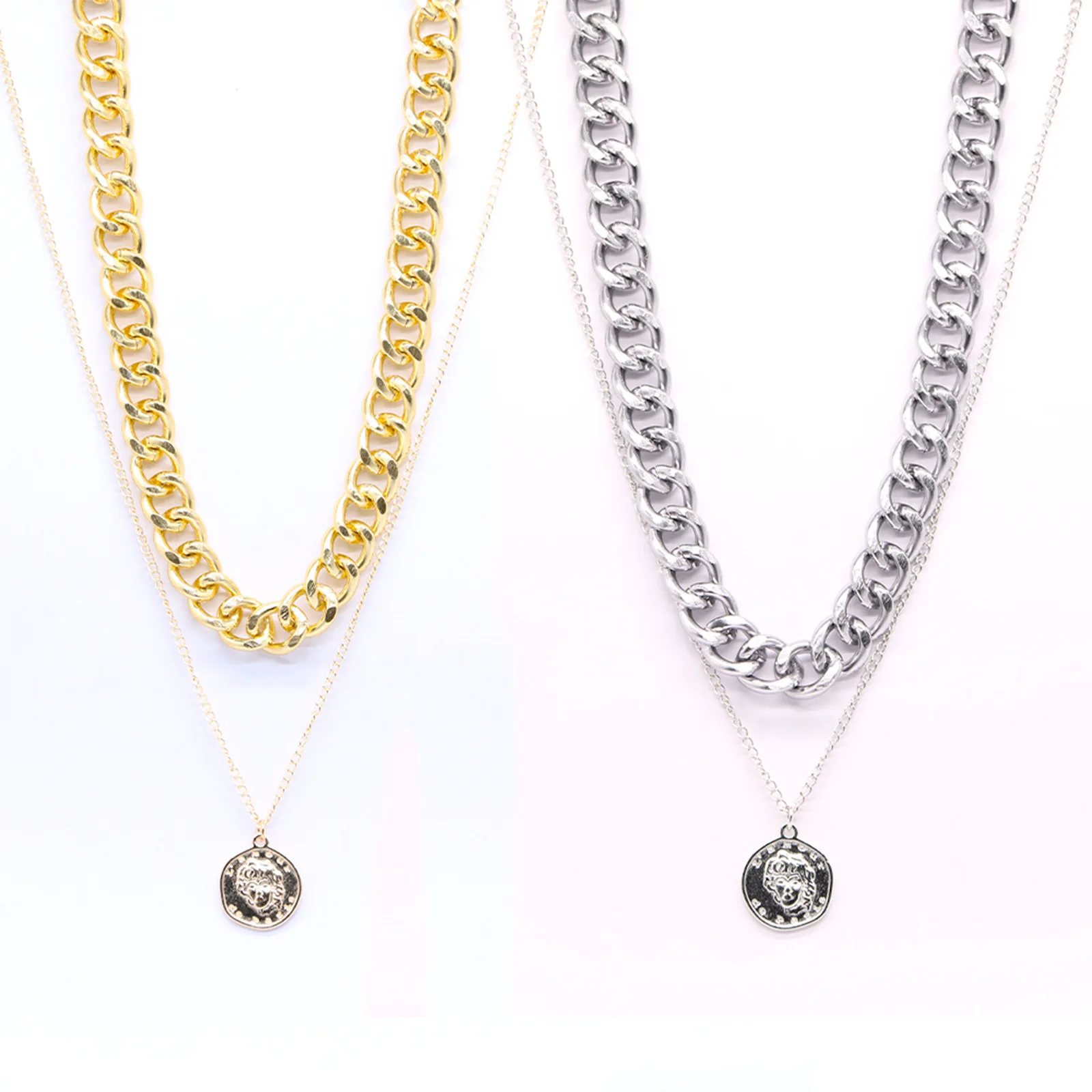 

JUHU Head Thick Chain Necklace Double Personality Hip Hop Neck Chain Short Alloy Clavicle Chain