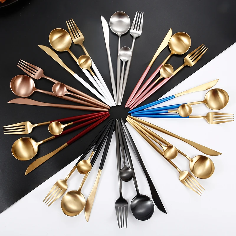 

Matte Polished High Quality 4pcs Portugal Cutlery Set Stainless Steel 304 Knife Spoon Fork Set Black And Gold Flatware