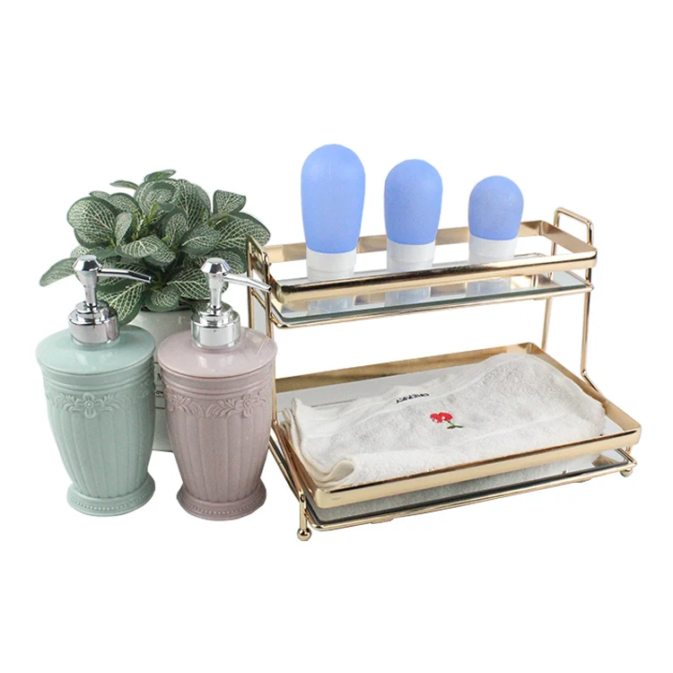 Ready to ship perfume 2 tiers home decor luxury gold tray metal bath vanity mirror tray