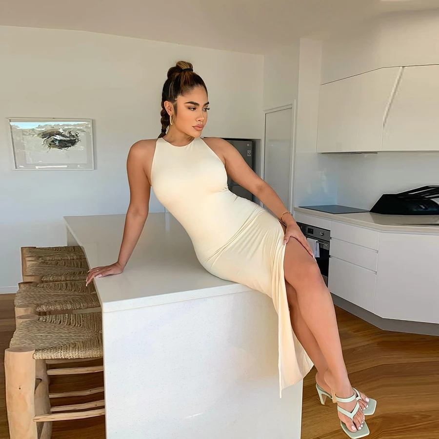 

Kliou K21D02310 Hollow Out Sleeveless Backless Maxi Dress Ladies Women Casual Dresses