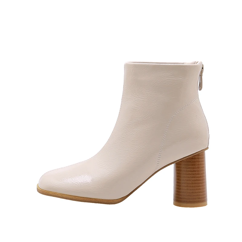 

Winter New Style Round Head Wooden High Heels Solid Color Back Zipper Ladies' Boots, Black pink ecru