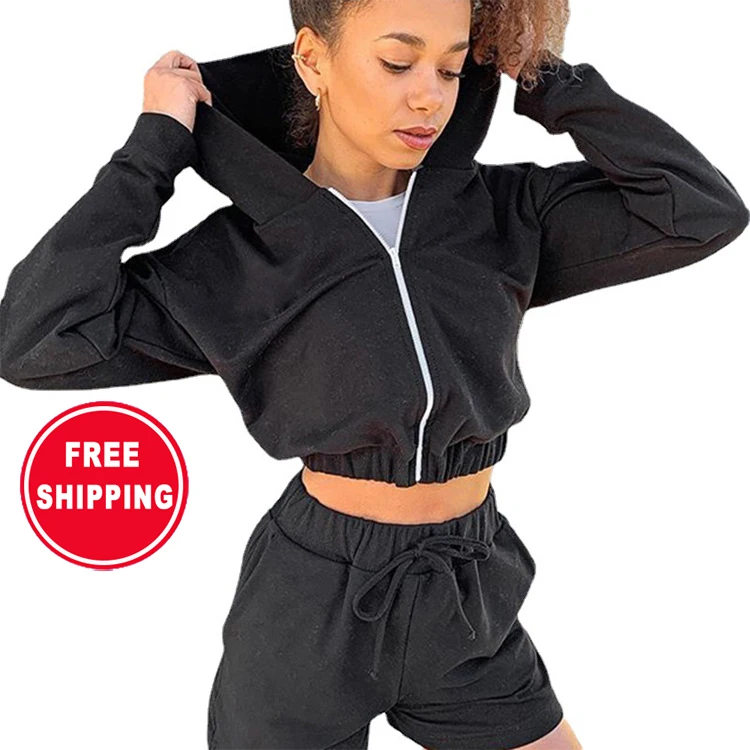 

New Product Custom Hooded Zipper Loose Sports Sweat Shorts Long Sleeve Solid Color Suit, White, pink, purple, black