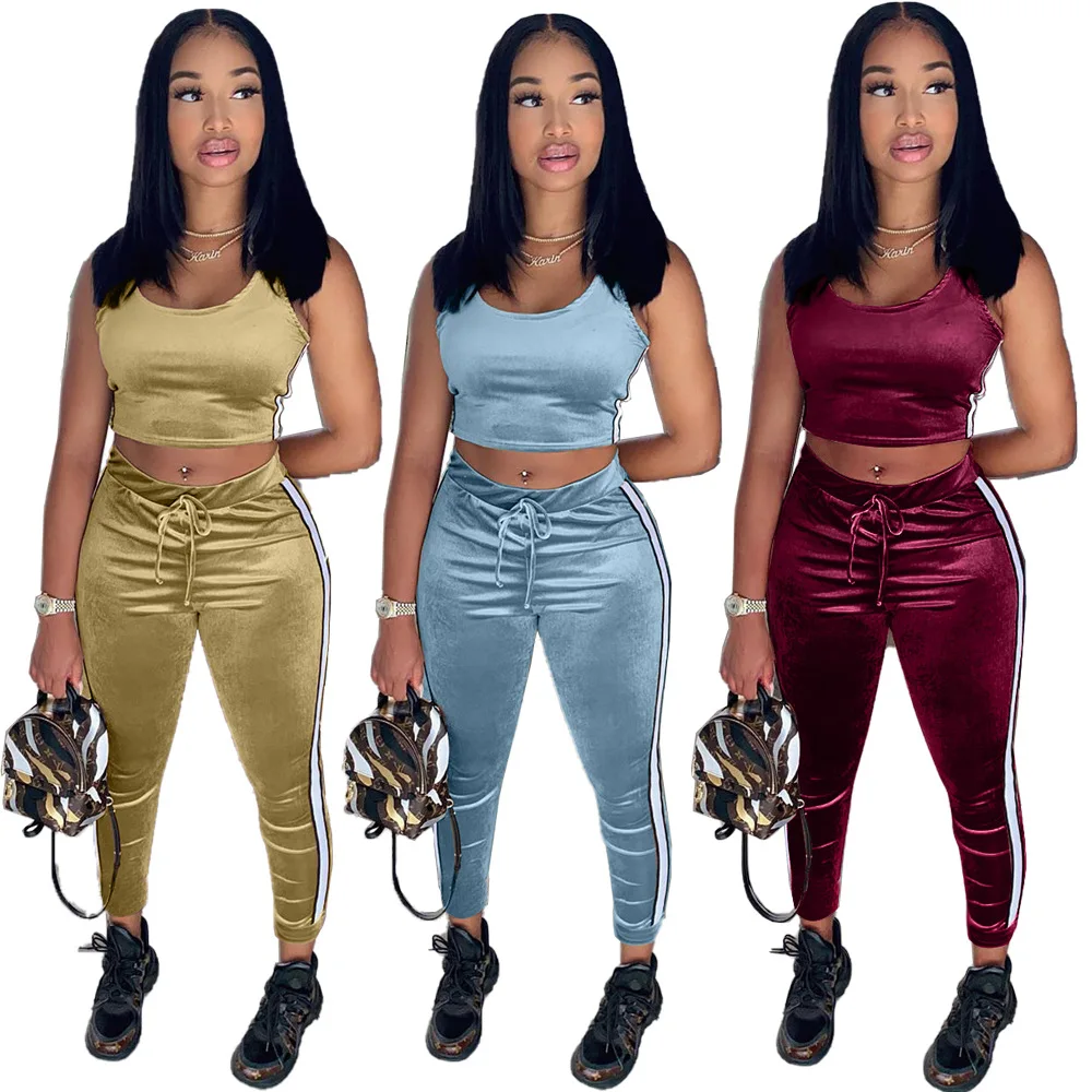 

High Quality Sleeveless Velour Tracksuit Women Solid Color 2 Velvet Piece Set Side Stripe 2 Piece Velvet Jogging Suit