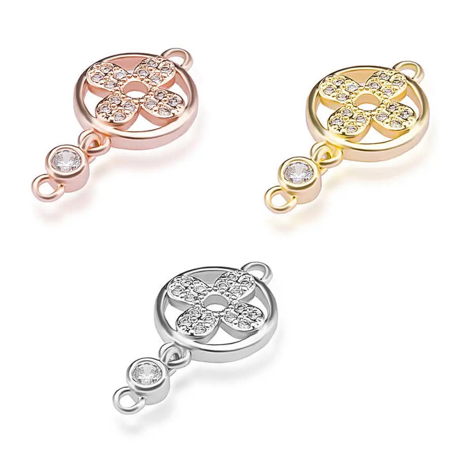 

2 Holes Micro Pave CZ Copper Alloy Metal DIY Jewelry Accessories Finding Inlay ZIRCON Clover Beads Shape Connector Charm Pendant, Gold,silver,rose gold