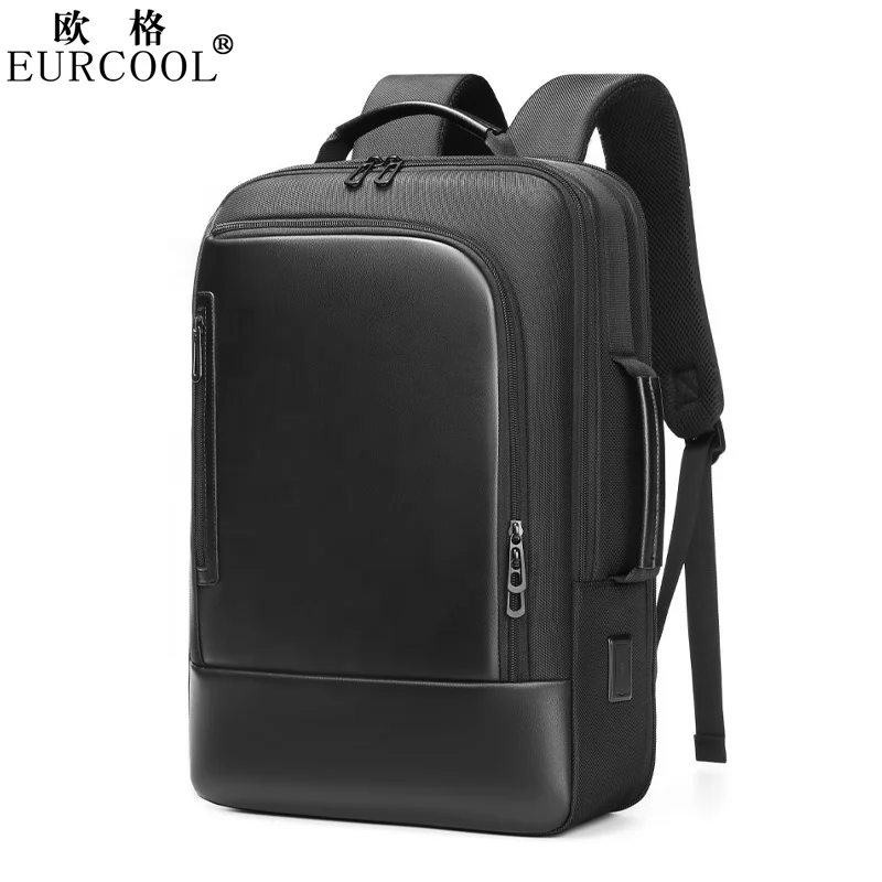 

Eurcool College School Business Travel Expand Fashion 15.6 Inch Men Leather Waterproof Slim Laptop Backpack Bag With USB Port