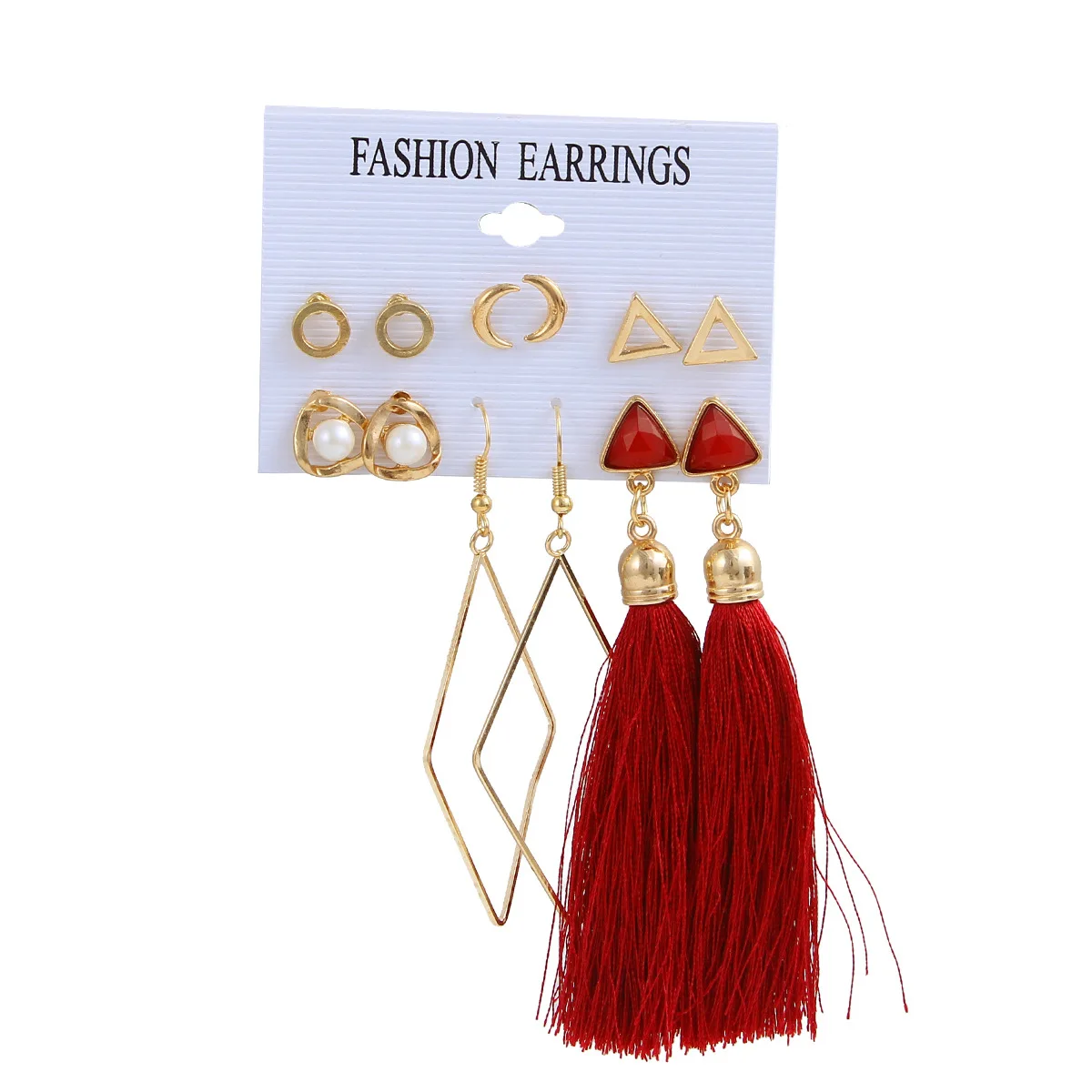 

Fashion Gold Plated Small Moon Triangle Pearl Stud Women Geometric Bohemian Long Red Tassel Pendant Earring Set For Girs, Color plated as shown