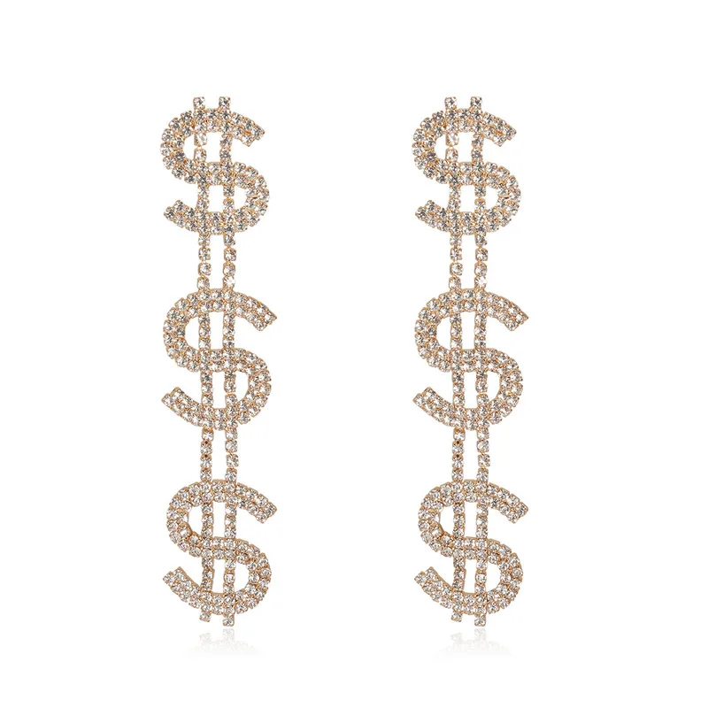 

WIIPU New design dollar earrings jewelry crystal pendant earrings $ luxury money logo ladies rhinestone earrings accessories, Gold,silver