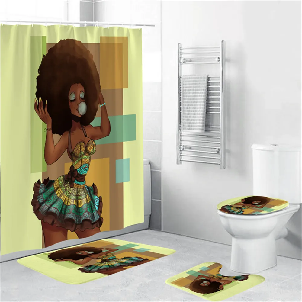 

Custom Acceptable Fashion Bathroom Black Girl Shower Curtain And Mats 3 Piece Rugs Set, Customized color