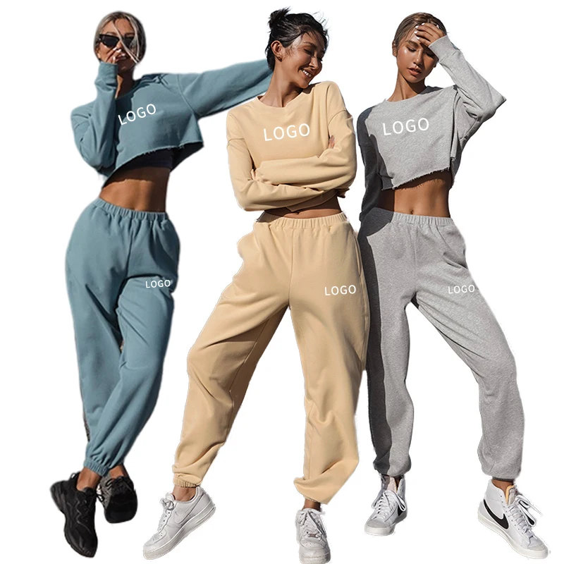 

2021 fall solid thin women long sleeve crop top sweat shirt jogger pants set private label loose 2 piece sweat suit for women