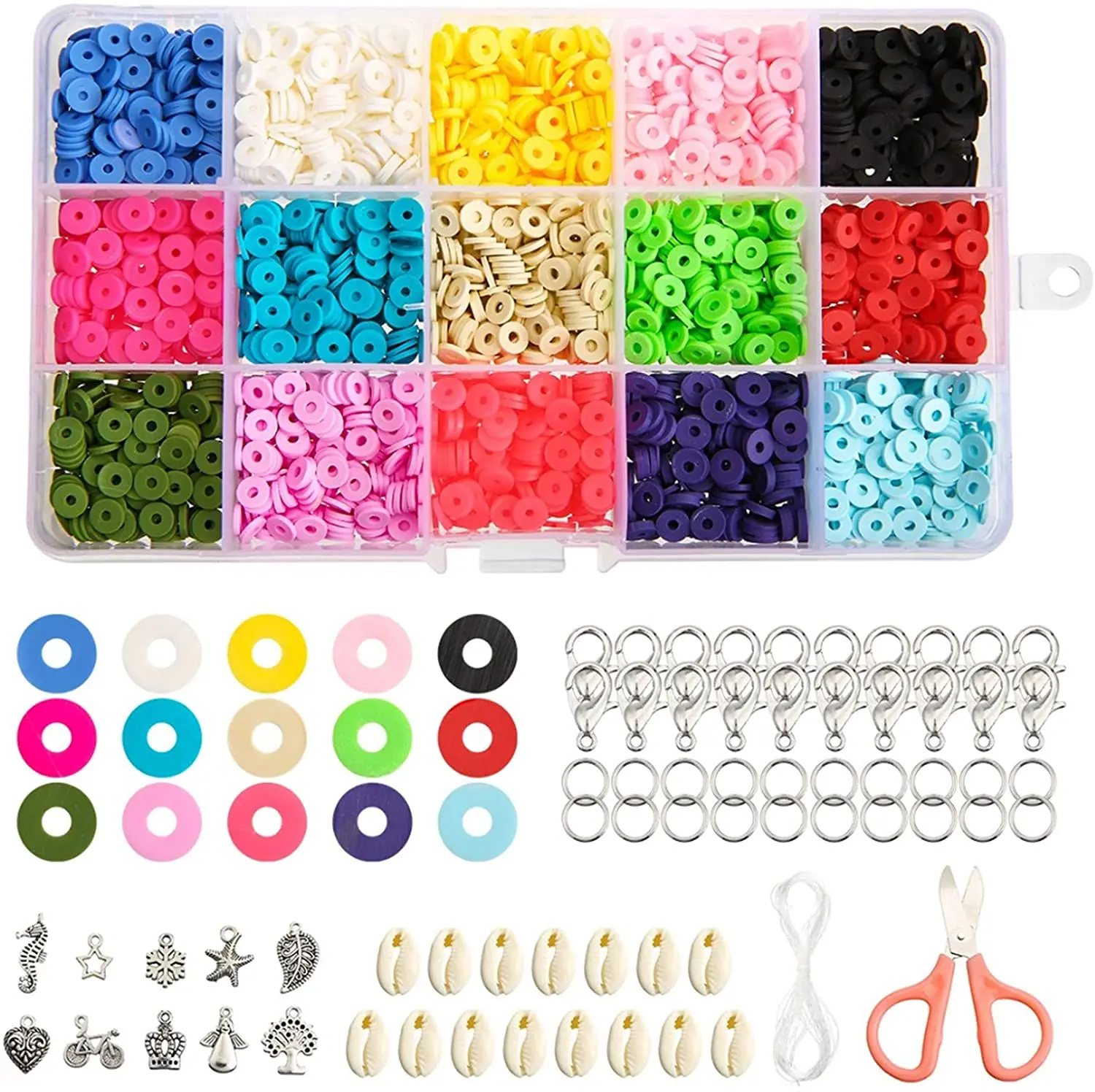 

15 compartment flat round polymer clay space beads kit with jewelry findings kit clay beads jewelry making kit for women, Mixed color