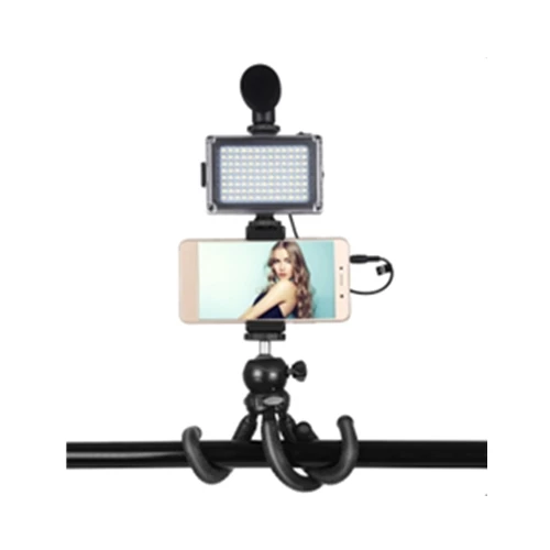 

4 in 1 Portable PULUZ Mini Phone Holder with Studio Light Microphone Flexible Octopus Tripod Stand For Mobile