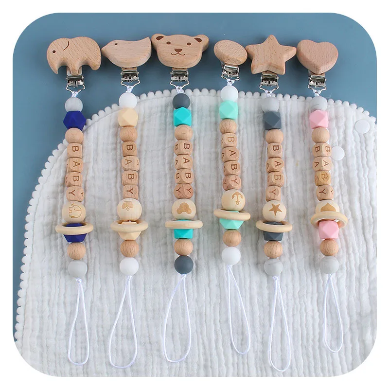 

Wholesales Baby Wood Silione Bead Pacifier Holder Clip Infant Nursing Teether Multistyle Dummy Chain