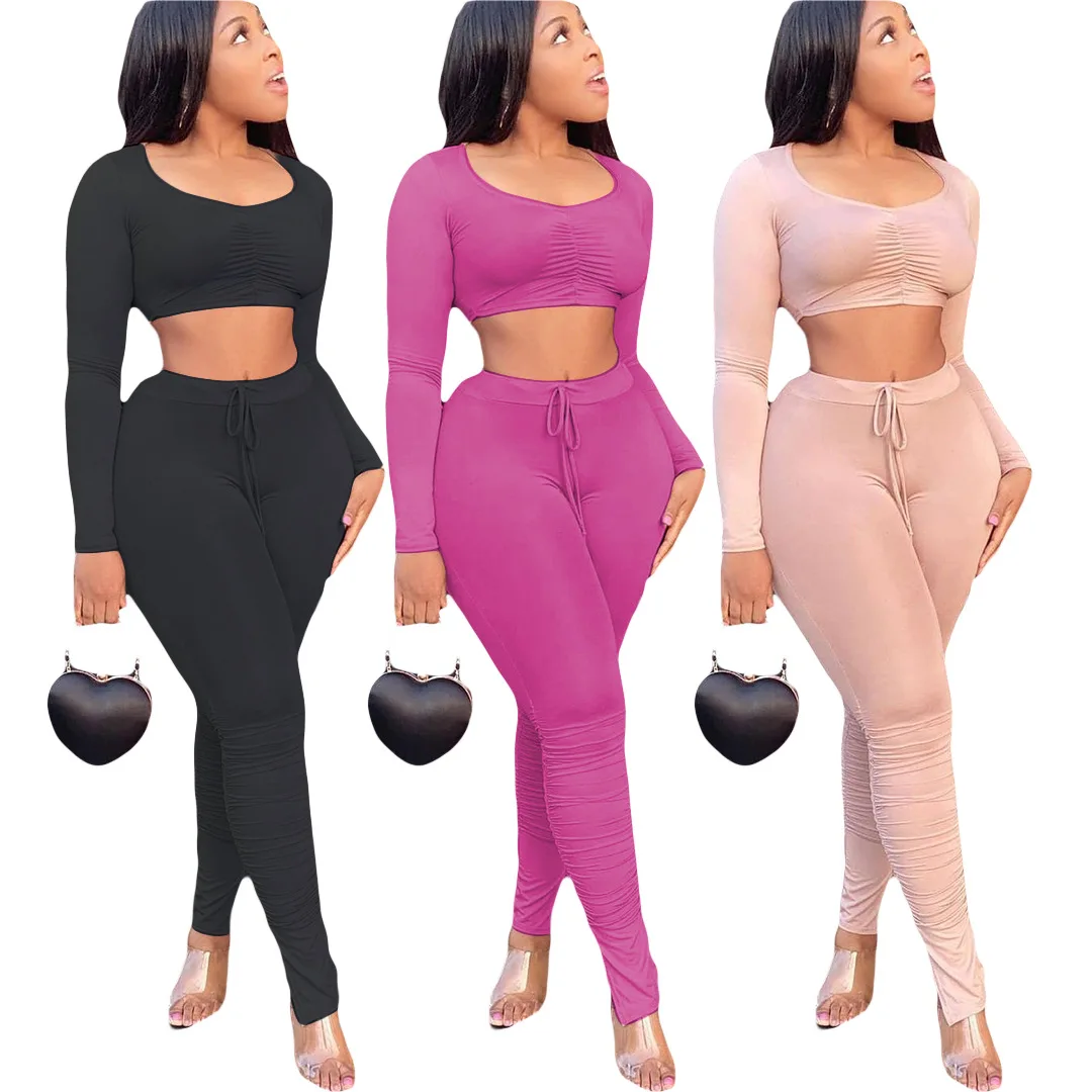 

Y3948 - Pants And Top Casual Long Sleeve Stacked 2 Piece Pant Set Women