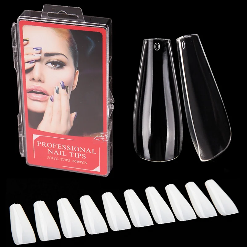 

2022 New ABS Clear Natural Artificial Hard Gel Fake Nails Ballerina Coffin Shaped Full Cover Press On False Nail Art Tips