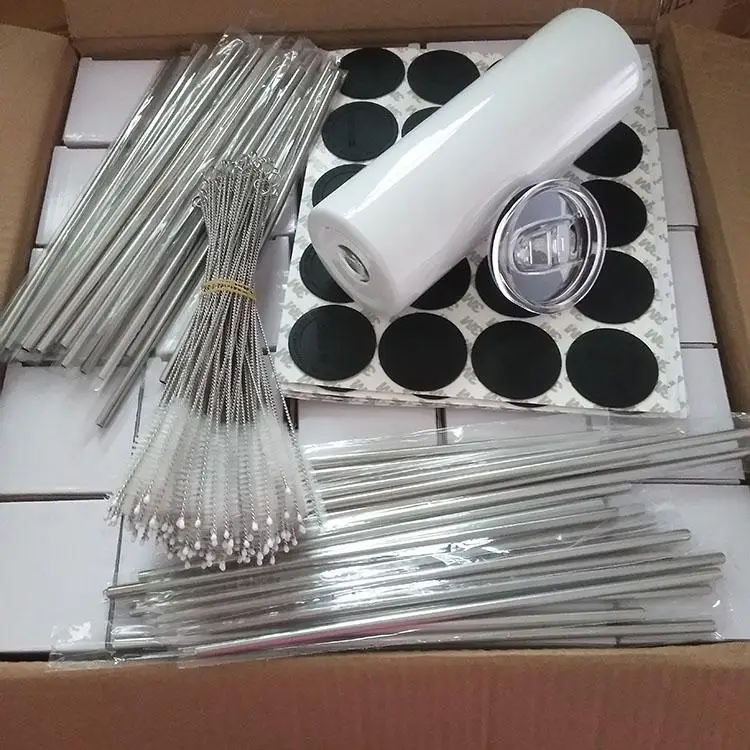 

20oz Skinny tumbler Insulated hot and cold sublimation blank straight tumbler with Metal Straw Brush and Rubber Bottom