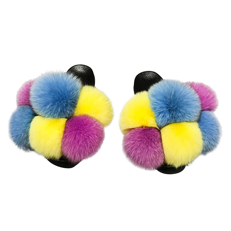 

Wholesale 2021 New Luxury Women's Real Fox Fur Pom Pom Slippers Lady Fashion Raccoon Fur Sandals Cute Girls Slides, Customized color