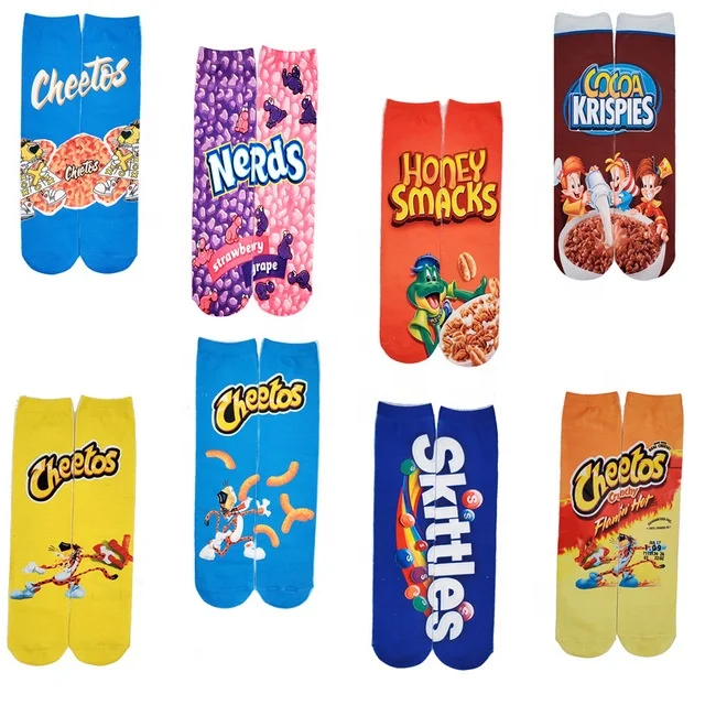 

wholesale can custom logo design Skittles Cheetos Potato chips puffed food tube 3D thermal transfer printed funny women socks, Pantone color