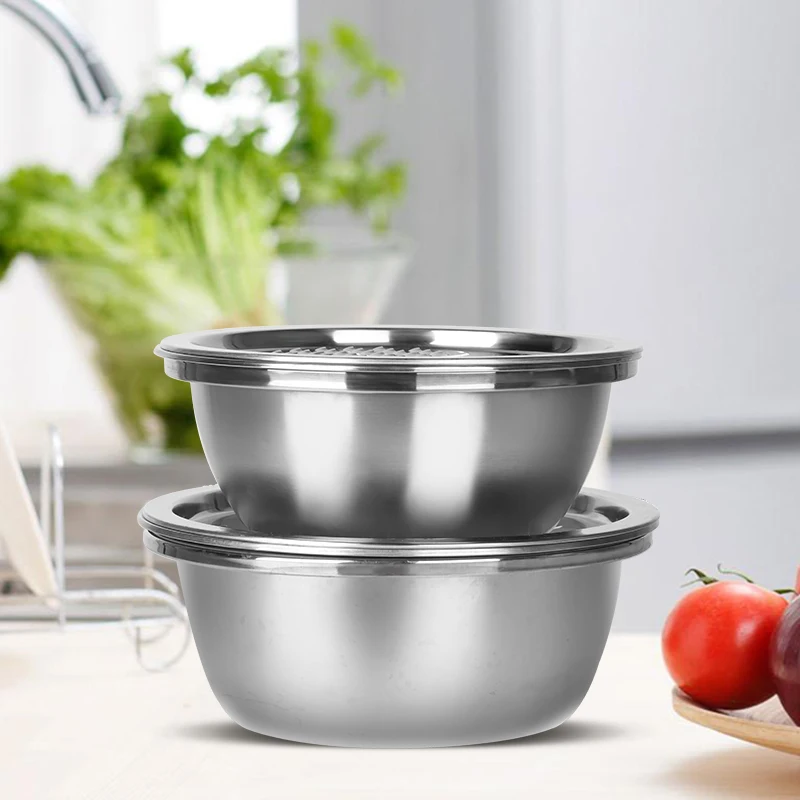 

RONGYE Hot Sell kitchenware stainless steel mixing bowl set multi-function salad mixing bowl with stirring filter for kitchen, Silver