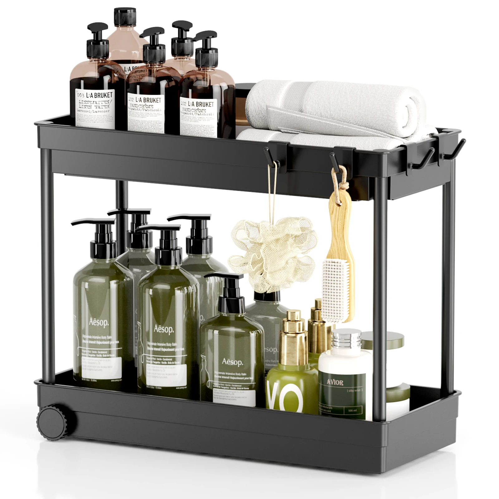 

Under Sink Rack 2 Tier Bathroom Cabinet Storage Organizer Black Counter Organizer with Hooks Pull Out Sink Storage Rack