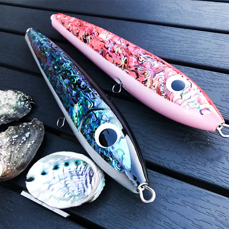 

WD107 Abalone shell Premium Fishing Collection Trolling Wood Lure Customized Pencil Lure Handmade Top Water Fish Lures, Red / dark blue