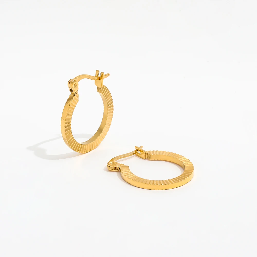 

JOOLIM High End 18K Gold Plated Gear Lines Hoop Huggie Earrings Jewelry Stainless Steel for Women