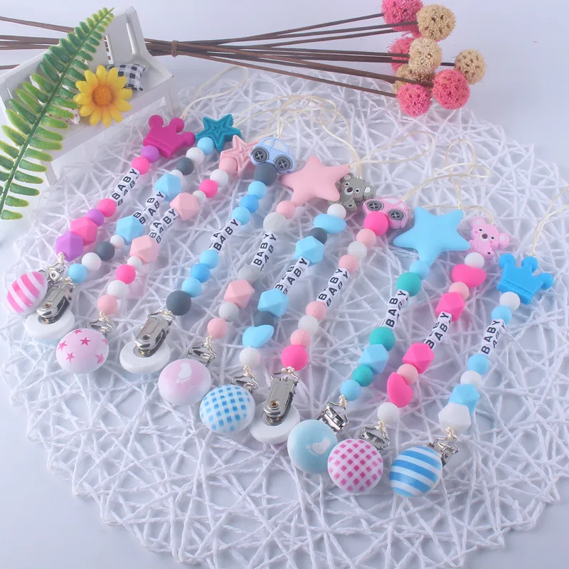 

Baby Nursing Dummy Silicone Pacifier Chain Sensory Baby Clip Colored Wooden Silicone Bead Safely Chewable Shower Gift