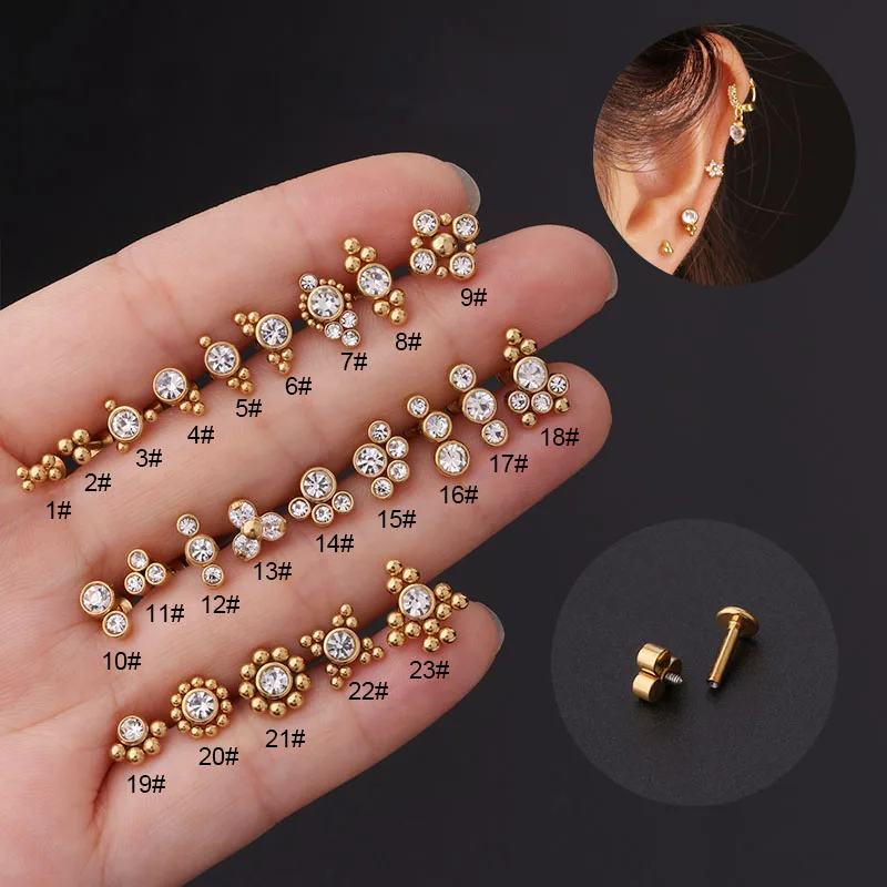 

Stainless Steel Barbell Flat Back Internally Thread Cz Lip Ring Ear Helix Lobe Cartilage Piercing Jewelry, Silver,yellow gold/rose gold