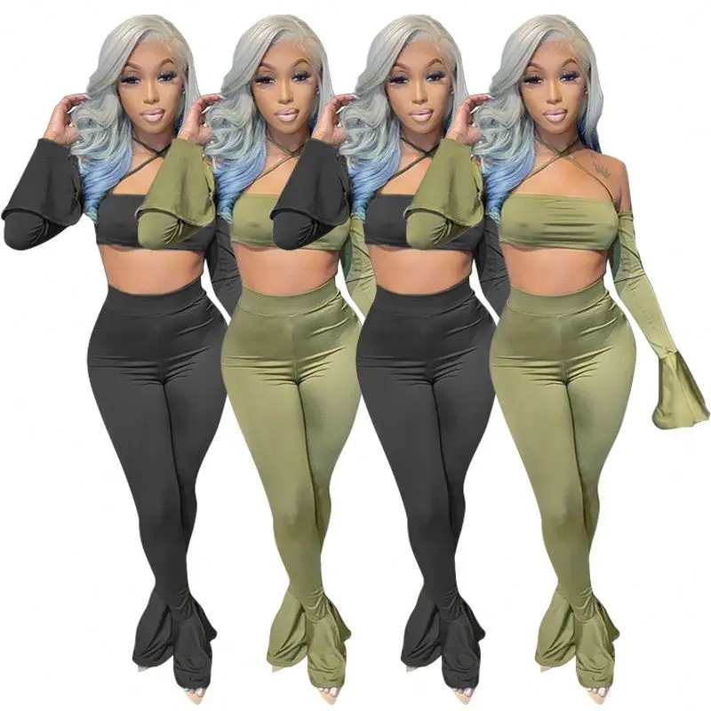 

FREE SAMPLE JHTH Pants and crop top bandage halter flare long sleeve solid women two piece set