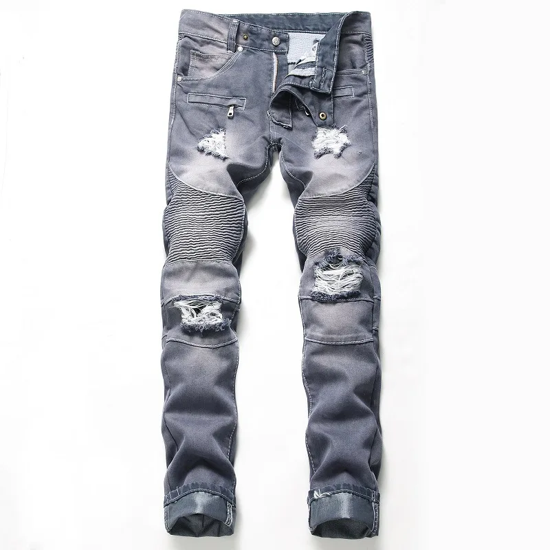 

mens jeans stylish ripped Pleated denim fit stra Outdoor the New Men Slim Fit Fashion Trousers