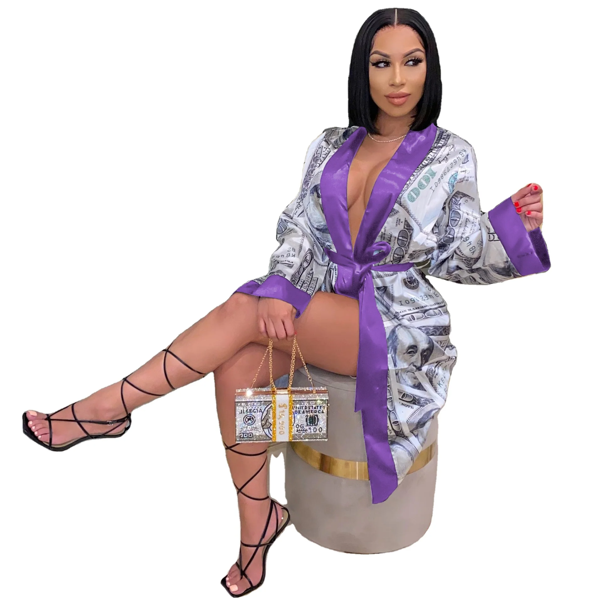 

LEVEL S390012 Money Satin silk printed robe sexy Dollar money robes for women, Pink, black, red, orange, brown, purple, wine