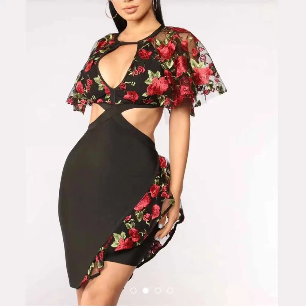 

oem 2019 high quality black rayon beautiful mature women luxury embroidery sexy hollow out asymmetrical midi tight bandage dres