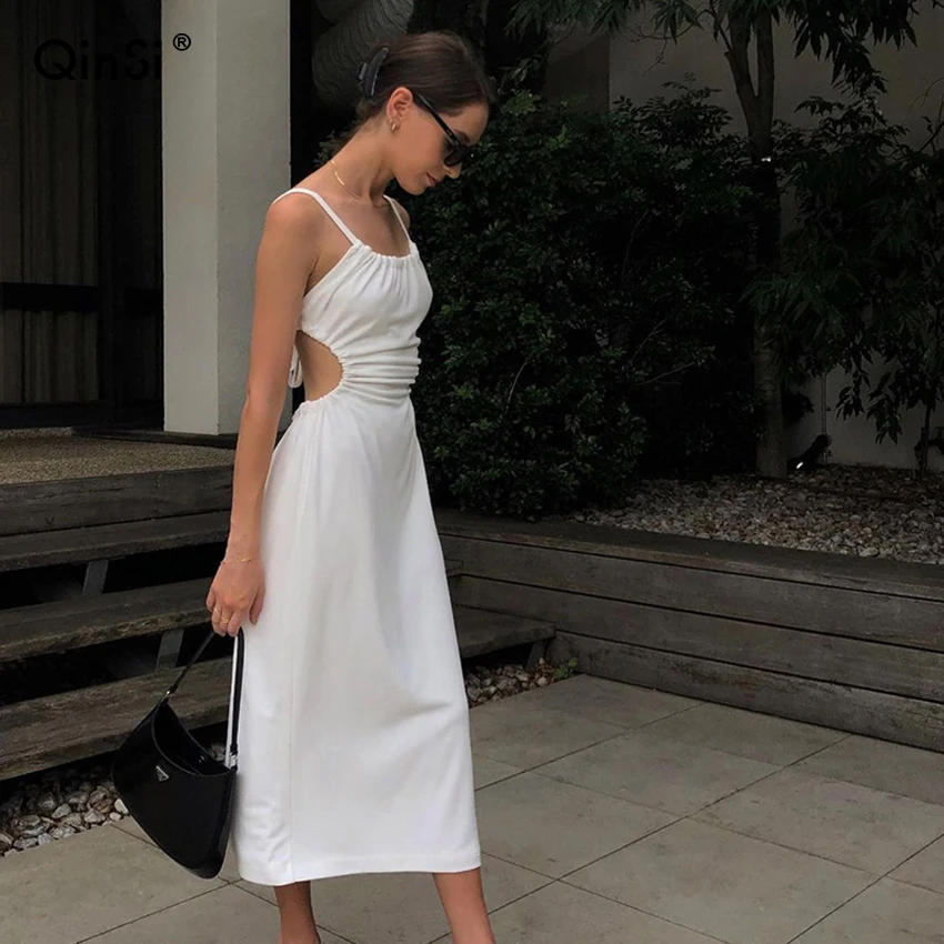 

QINSI 2022 Summer Spaghetti Strap Dress SOLID Sexy Backless Midi Dress For Women Party Clubwear Elegant Ladies Long Dresses