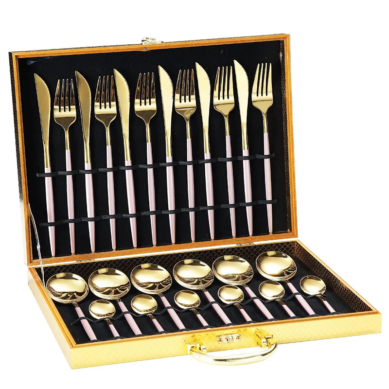 

Mirror Polishing Luxury 24 Pcs Golden Cutlery Set 18/10 Stainless Steel Cutlery 24 Pcs Set, Gold/silver, with colorful handle