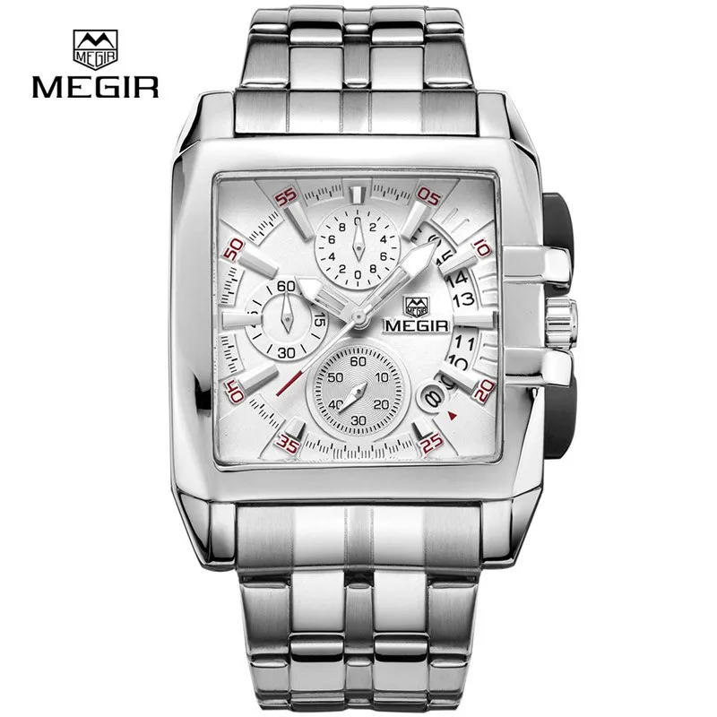 

MEGIR 2018 Luxury Watch Man Square Quartz Chronograph Military Men Business Waterproof Stainless Steel Watch