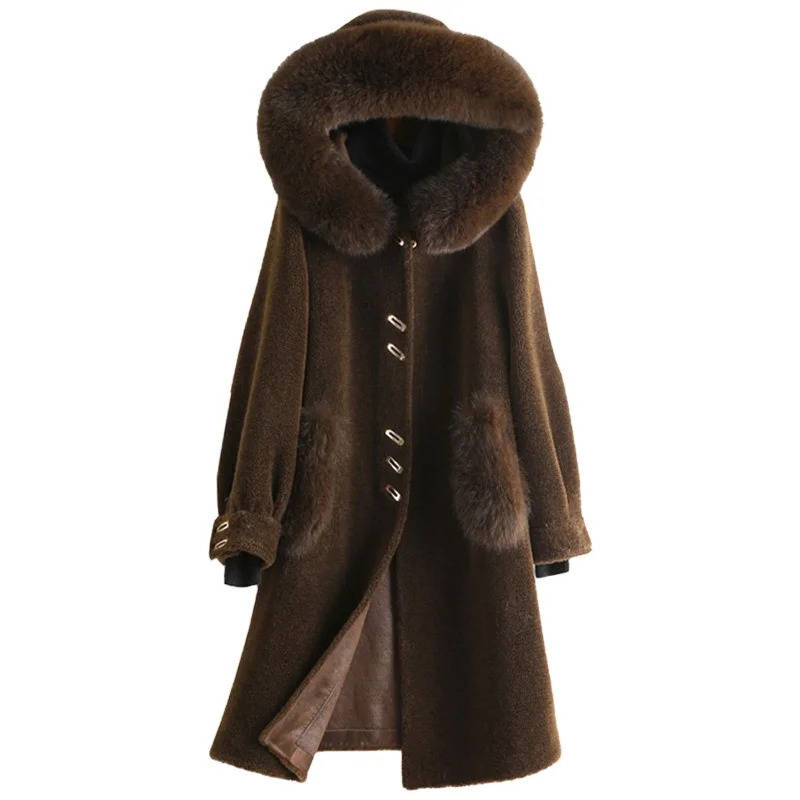 

A50007 Pudi women real wool fur coat jacket winter warm female real sheep shearing over size parka with real fox fur collar