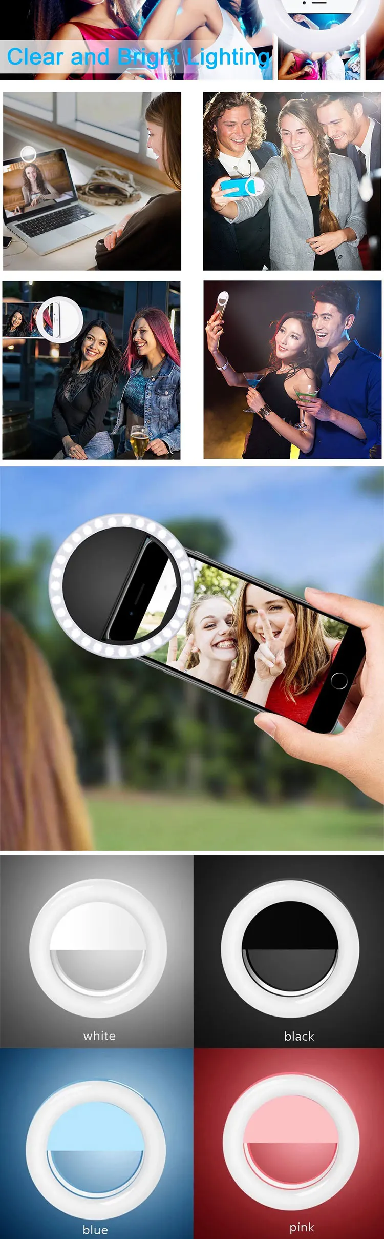 Portable Rechargeable USB Camera Clip Photography Video Mobile Phone LED Ring Selfie Light