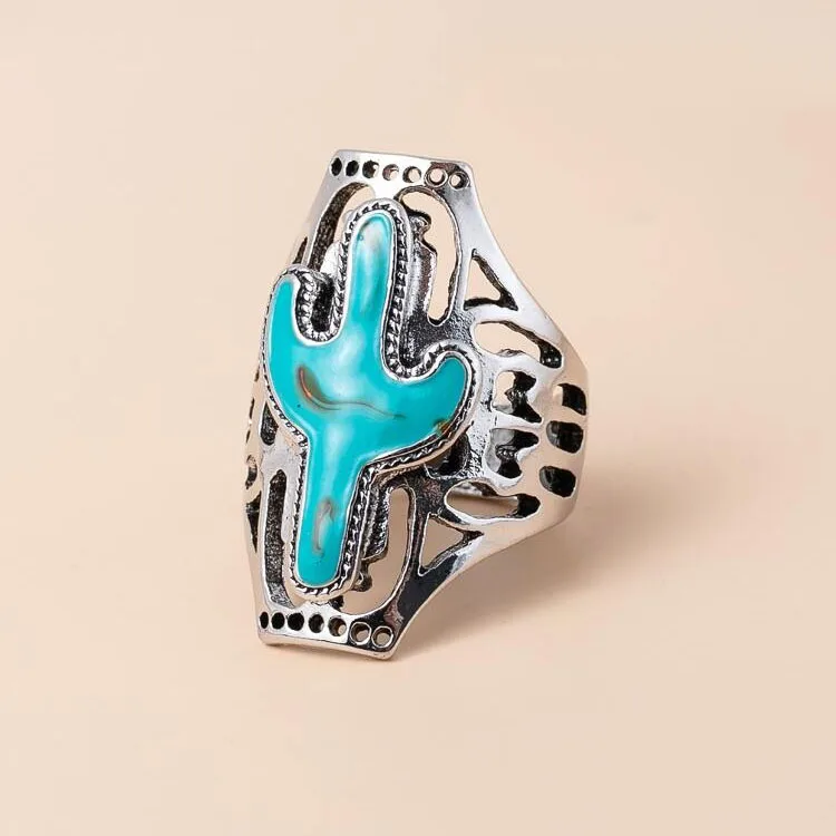 

Antique silver plated vintage navajo tipi dramatic cactus turquoise stone ring for women