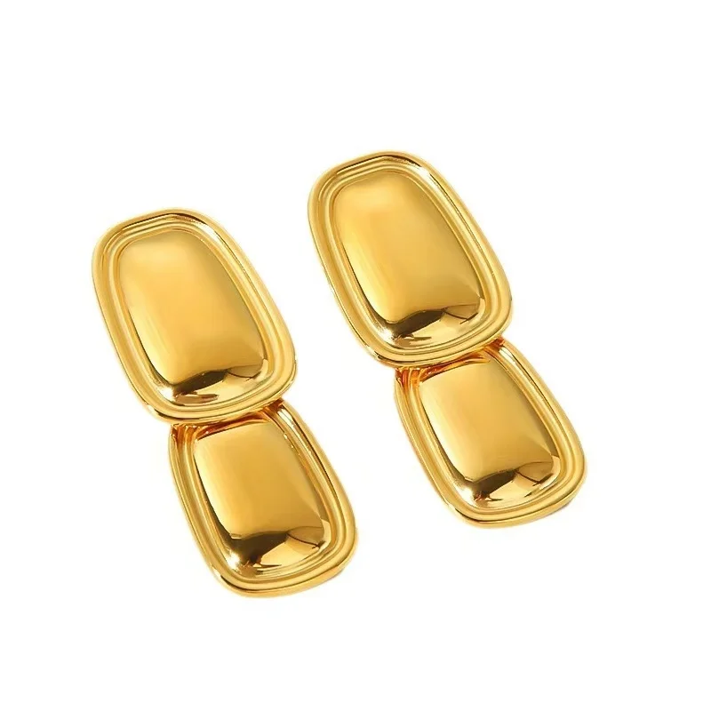 YF3809 Stainless Steel Waterproof Hypoallergenic Jewelry 18K Gold Plated Rectangular Double Piece Pendant Earrings