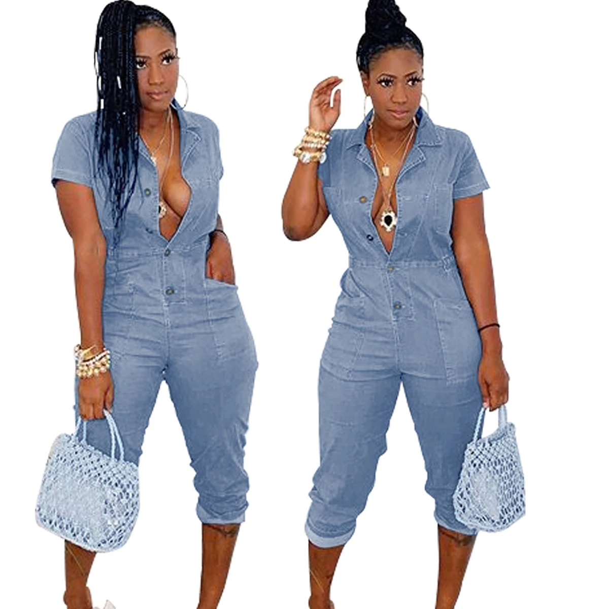 

3D Pocket Casual Women's Denim Jumpsuit Summer Bodycon Single Button Jeans Jumpsuits