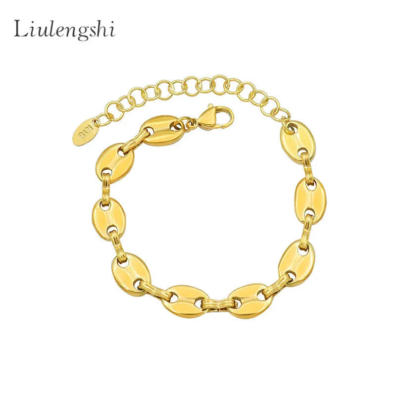 

American Style 18K Gold Plated Titanium Steel Pig Nose Bracelet Non Tarnish Stainless Steel Coffee Bean Chain Bracelet, Picture shows